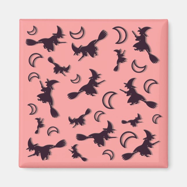 Flygande häxa mellan halva måne vid Halloween-natt Magnet (Framsidan)