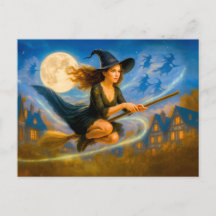 Flygande häxa över bytak under fullmåne