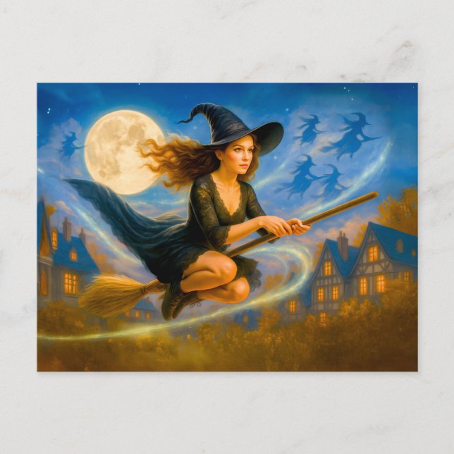 Flygande häxa över bytak under fullmåne helg vykort (Framsida)