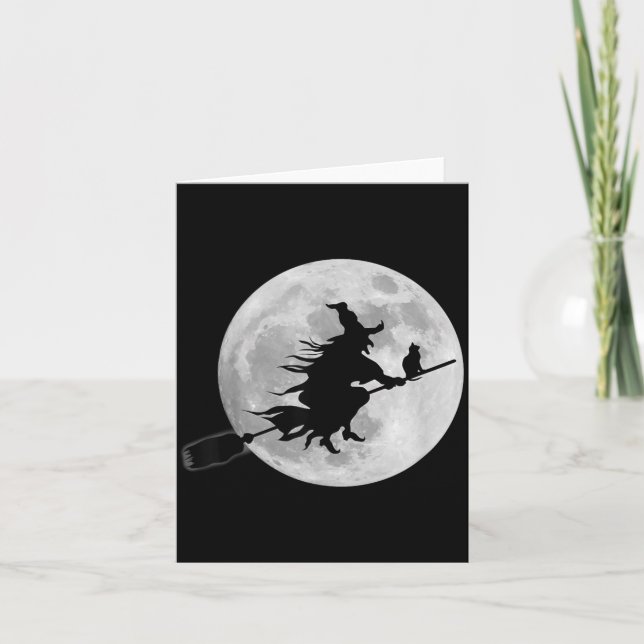 Flygande häxa på kvast Halloween fullmåne Kort (Framsida)