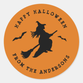 Flygande häxa Svart & Orange Halloween Runt Klistermärke