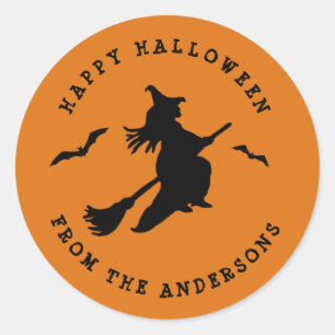 Flygande häxa Svart & Orange Halloween Runt Klistermärke