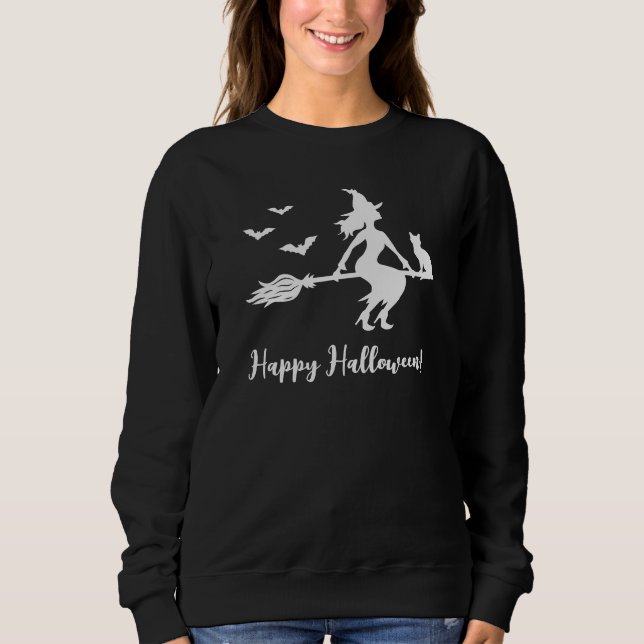 Flygande häxsiluett med katt & fladdermöss Hallowe T Shirt (Framsida)