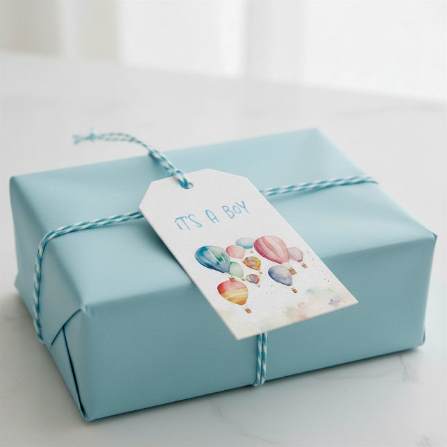 Flygande hett luft-ballonger sin roligt som pojke presentetikett (Flying hot air ballons its a boy fun gift tags.)