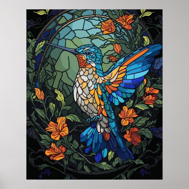 Flygande humming Bird Colorful Stached Glass Poster (Framsidan)