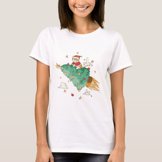 Flygande Julgran Santa Cat T-Shirt (Framsida)