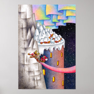 Flygande jultomten och ett snöigt land. poster