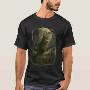 Flygande katt på kvast Halloween natt scen med T Shirt