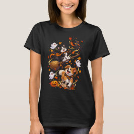 Flygande katt på kvast med hund Halloween-jakt kul T Shirt