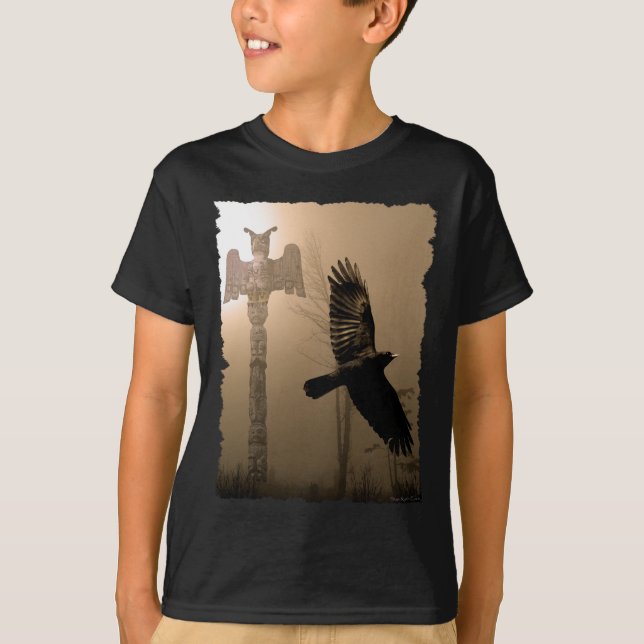Flygande Kråka Spirit & Totem Pole Native Art T-Sh Tee Shirt (Framsida)
