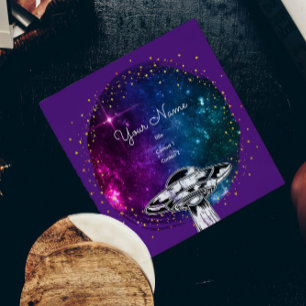 Flygande lila skål i den konstnärliga galaxen fyrkantigt visitkort