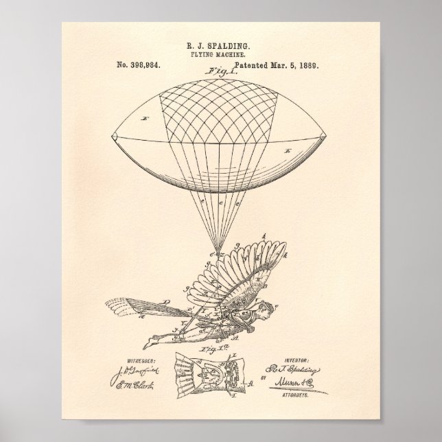 Flygande Maskin 1889 Patent Art - Gamla peper Poster (Framsidan)