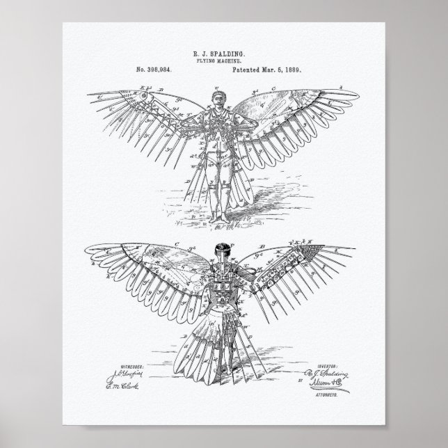 Flygande maskin 1889 Patent Art - Vit Papper Poster (Framsidan)