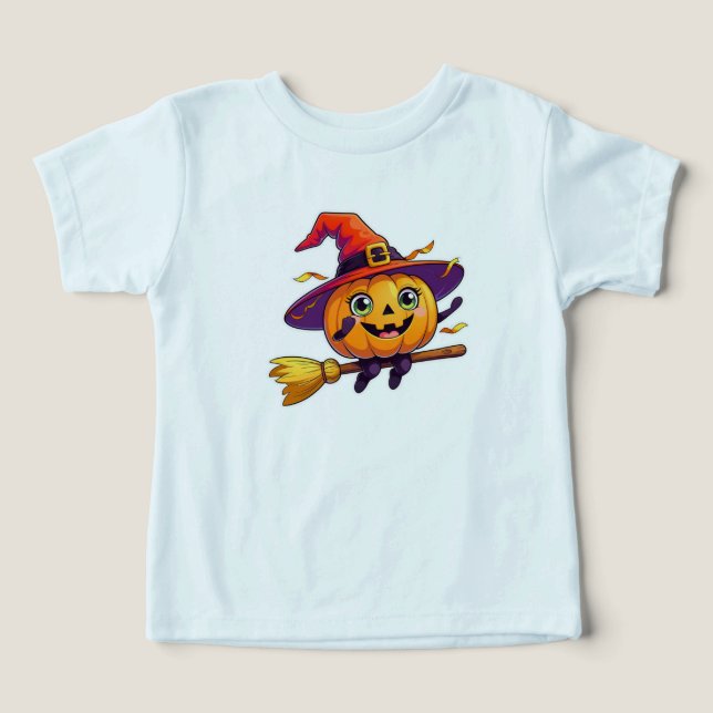 Flygande Pumpkin Witch - Cute Halloween Kids Desig T Shirt (Design Framsida)