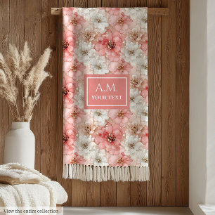 Flygande Rosa och Guld Modern Bläck Blommor Monogr Fleecefilt