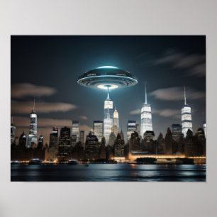 Flygande Saucer UFO över en stad Poster