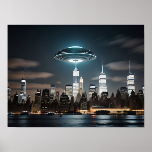 Flygande Saucer UFO över en stad Poster (Framsidan)