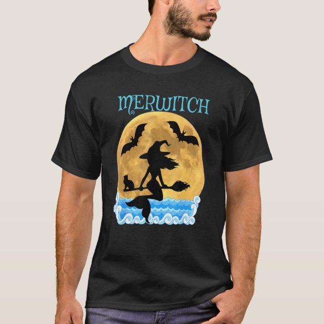 Flygande sjöjungfru häxa Merwitch kvast fladdermös T Shirt (Framsida)