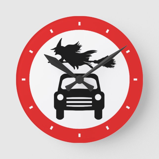 Flygande skylt (Witch Road Sign Clock) Rund Klocka (Framsida)