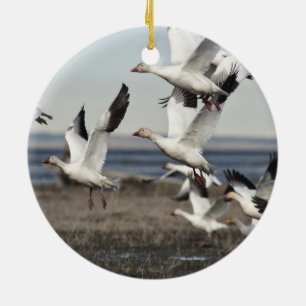 Flygande snögäss julgransprydnad keramik