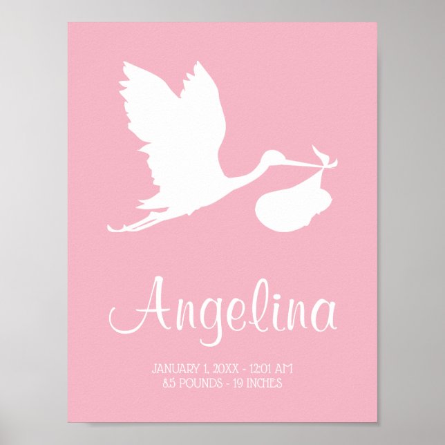 Flygande stork med Baby Bundle Nursery Art Rosa Poster (Framsidan)
