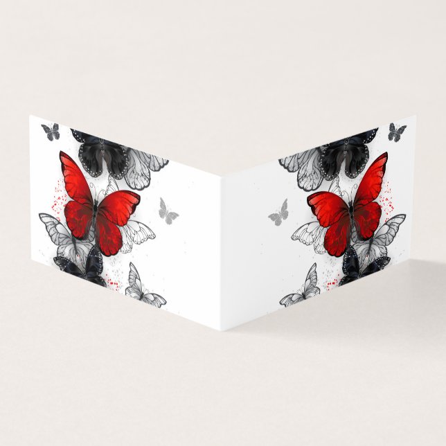 Flygande svart- och rödmorfoflugor kort (Utsida)