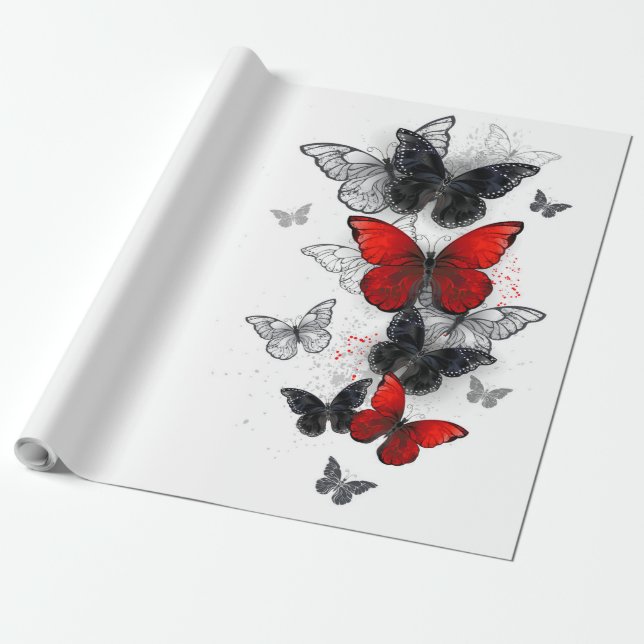 Flygande svart- och rödmorfoflugor presentpapper (Utrullad)