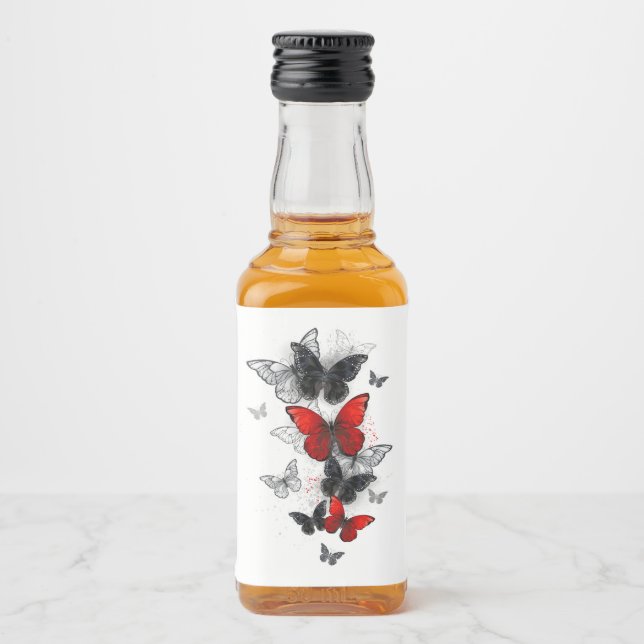 Flygande svart- och rödmorfoflugor spritflaskor etikett (Framsida)