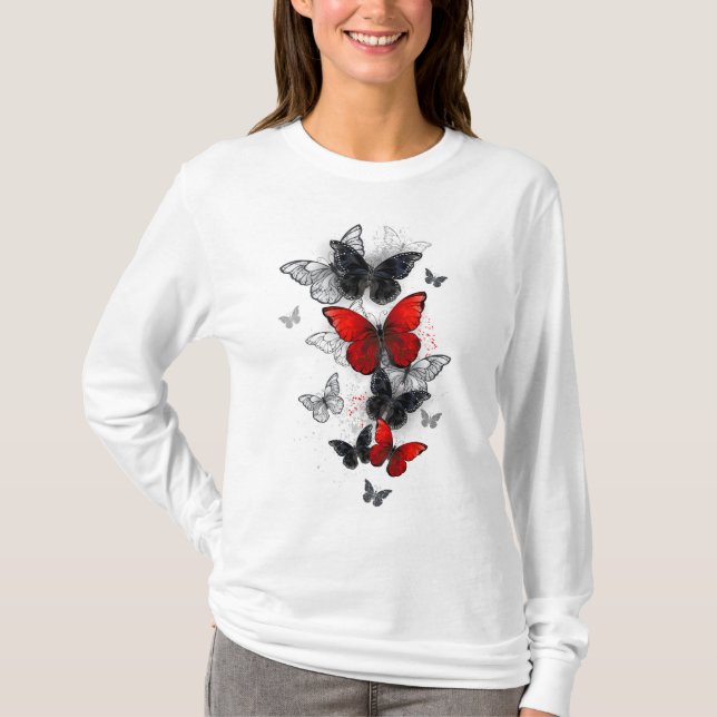 Flygande svart- och rödmorfoflugor t shirt (Framsida)