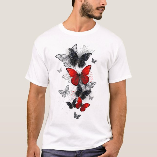 Flygande svart- och rödmorfoflugor t shirt (Framsida)