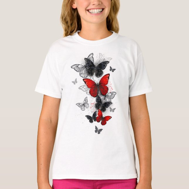 Flygande svart- och rödmorfoflugor t shirt (Framsida)