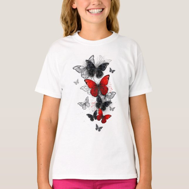 Flygande svart- och rödmorfoflugor t shirt (Framsida)
