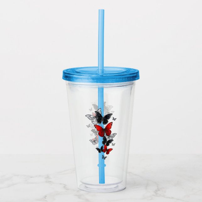 Flygande svart- och rödmorfoflugor take away mugg (Framsida)