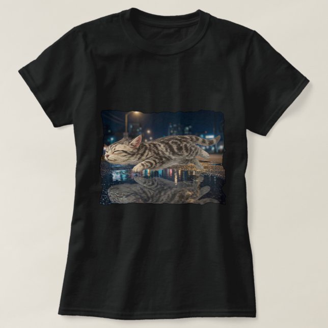 Flygande Tabby Katt Natt Stad Reflektion T Shirt (Design framsida)