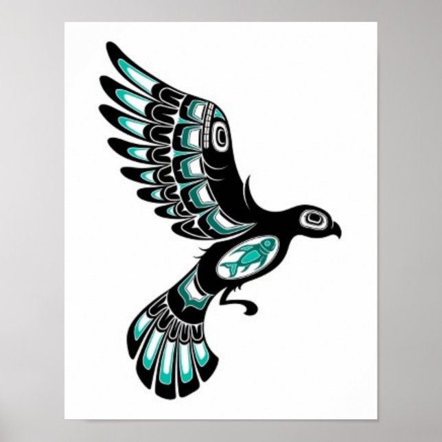 Flygande Teal Blue och Black Haida Spirit Bird Poster (Framsidan)