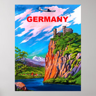 Flygande till Tyskland, Castle on Rhine River, vin Poster