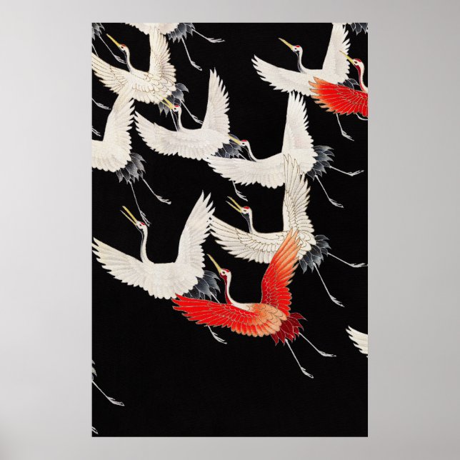 Flygande tranor: Japansk fågelkimono-konst Poster (Framsidan)