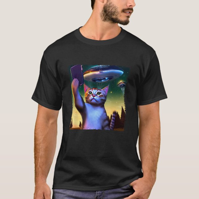 Flygande Ufo Katt Selfie T Shirt (Framsida)