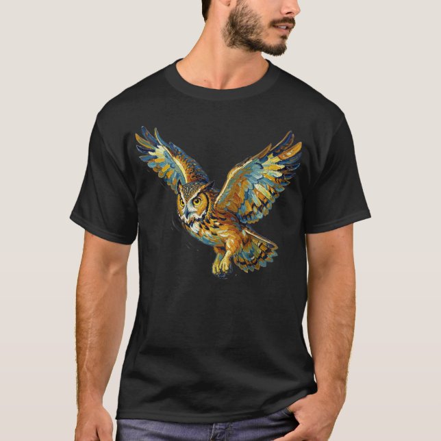 Flygande Uggla Abstrakt Färgrik Penskarts Konst T Shirt (Framsida)