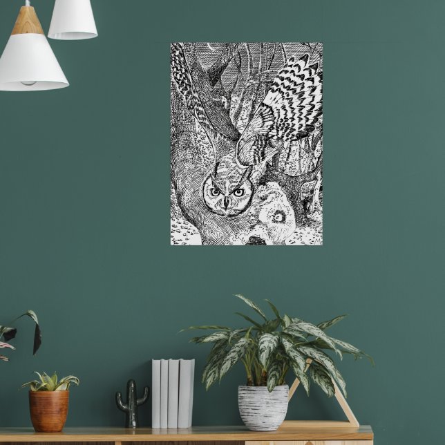 Flygande uggla skogsmark affisch, svart-vit natur poster (Vardagsrum 1)
