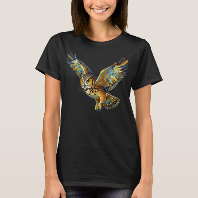 Flygande Ugglas Abstrakt Färgrik Penseldragskonst T Shirt (Framsida)