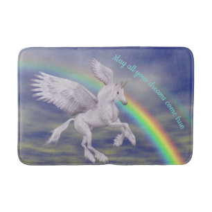 Flygande Unicorn över Rainbow Dreams Fantasy Horse Badrumsmatta