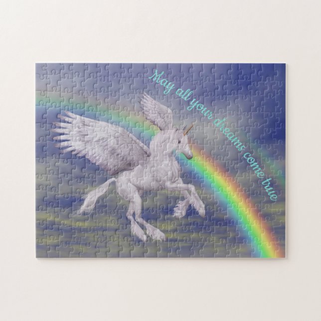 Flygande Unicorn över Rainbow Dreams Fantasy Horse Pussel (Horisontell)
