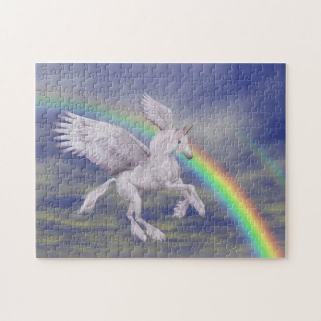 Flygande Unicorn över Rainbow Fantasy Horse Pussel (Horisontell)