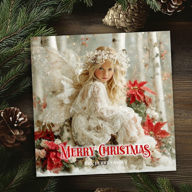 Flygande viktoriansk ängel röda vita guldälvor kor julkort (Aerial Victorian angel red white gold fairy greeting card

)