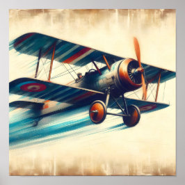 Flygande Vintage Klassiskt Biplan Oljemålning Poster