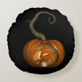 Flygande Witch Carved Pumpkin Pillow Rund Kudde