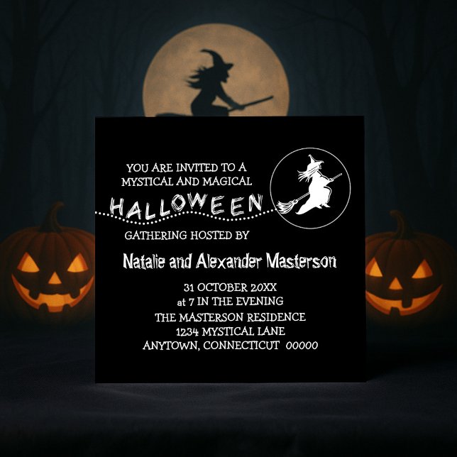 Flygande Witch Halloween fest Inbjudan, Black Inbjudningar (Black Flying Witch Halloween Party Invite)