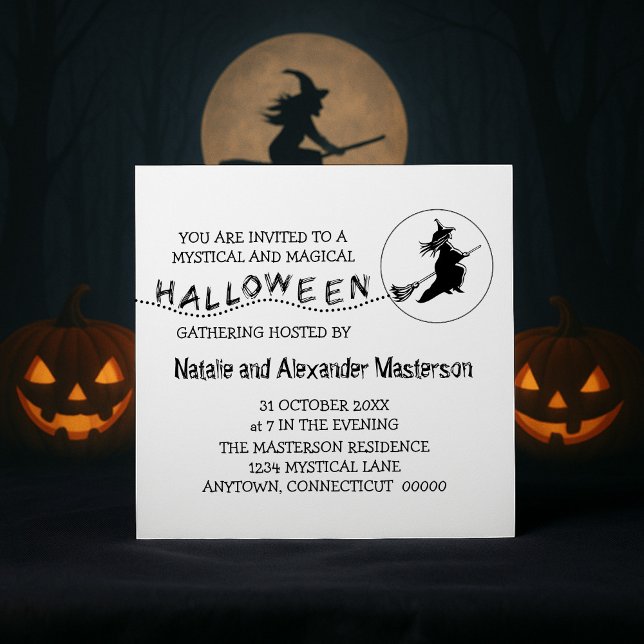 Flygande Witch Halloween fest Inbjudan, Vit Inbjudningar (White Flying Witch Halloween Party Invite)