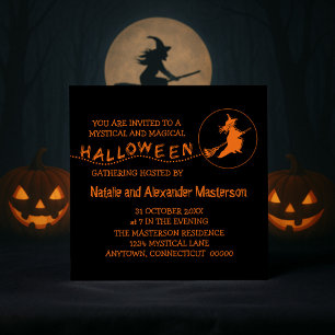 Flygande Witch Halloween Inbjudan, Black & Orange Inbjudningar